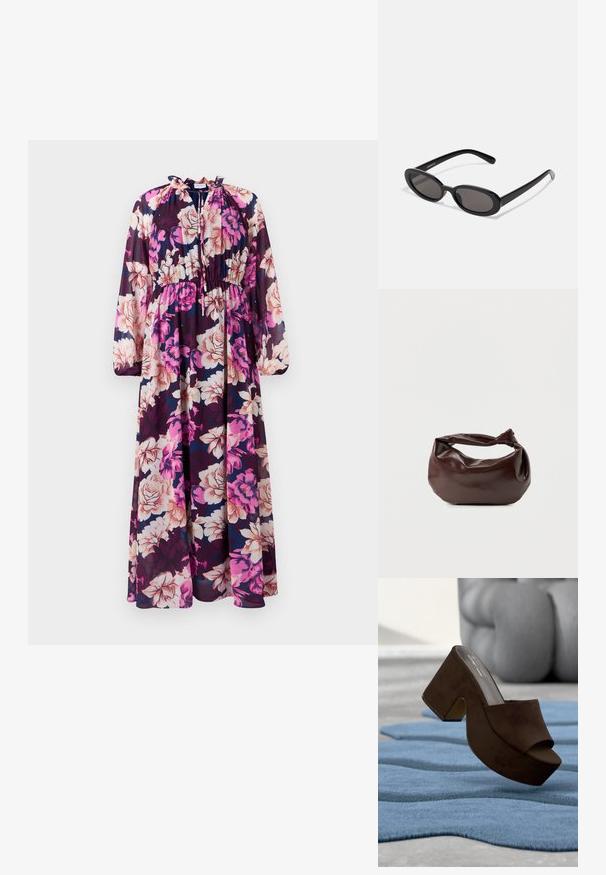 Vestido maxi de manga larga en tejido transparente con un patrón floral de grandes flores rosas y crema sobre un fondo navy. Escote con volantes.; Zapato mule de plataforma de ante marrón exhibido sobre una alfombra azul texturizada con una escultura abstracta gris de fondo.; Even&Odd Gafas de sol - black; Bolso de hombro de cuero marrón oscuro con una forma suave y caída, y un asa con nudo torcido sobre un fondo blanco liso.