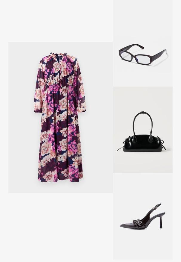 Vestido maxi de manga larga en tejido transparente con un patrón floral de grandes flores rosas y crema sobre un fondo navy. Escote con volantes.; Zapato de tacón alto tipo slingback de charol negro con punta afilada y tres correas decorativas con hebillas sobre la parte superior.; Gafas rectangulares de carey marrón con lentes transparentes y patillas elegantes, que muestran una textura suave y un diseño minimalista.; Pequeño bolso negro brillante con dos asas largas y detalles de cordón lateral sobre un fondo claro liso.
