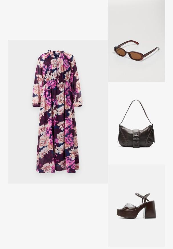 Vestido maxi de manga larga en tejido transparente con un patrón floral de grandes flores rosas y crema sobre un fondo navy. Escote con volantes.; Sandalia de plataforma de cuero marrón oscuro con tacón grueso de bloque, puntera abierta y correa ajustable en el tobillo con hebilla metálica.; Gafas de sol redondas con tinte marrón y un marco burdeos brillante. Patillas delgadas con un sutil detalle de marca. Diseño de lentes planos.; Bolso de hombro de cuero marrón con forma curva, que presenta un prominente detalle de hebilla, costuras en contraste y una sola correa para el hombro.