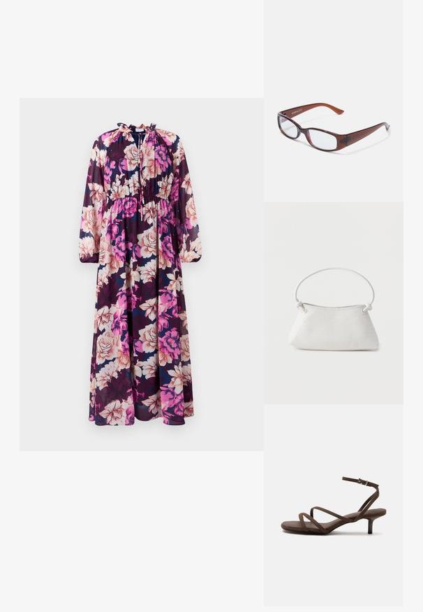 Vestido maxi de manga larga en tejido transparente con un patrón floral de grandes flores rosas y crema sobre un fondo navy. Escote con volantes.; Sandalia marrón de tacón alto con tiras finas cruzadas y una correa en el tobillo con una hebilla plateada sobre un fondo blanco.; Gafas rectangulares con tintado marrón y acabado brillante, con varillas delgadas y lentes transparentes. Logo visible en la patilla izquierda.; Bolso de mano de cuero blanco tejido con asa redondeada y extremos de la correa anudados, exhibido sobre un fondo liso.