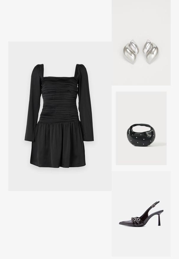 Vestido negro con mangas largas, escote cuadrado y torso fruncido. Diseño de falda acampanada con tela recogida en la cintura. Textura suave.; Zapato de tacón alto tipo slingback de charol negro con punta afilada y tres correas decorativas con hebillas sobre la parte superior.; Bolso de mano de cuero negro con forma redondeada, decorado con detalles de tachuelas plateadas y un asa corta. Textura lisa y cierre con cremallera.; Pendientes de plata con una forma orgánica y abstracta. Superficie lisa y brillante con un diseño cónico. Presentan suaves curvas y un detalle de línea central.