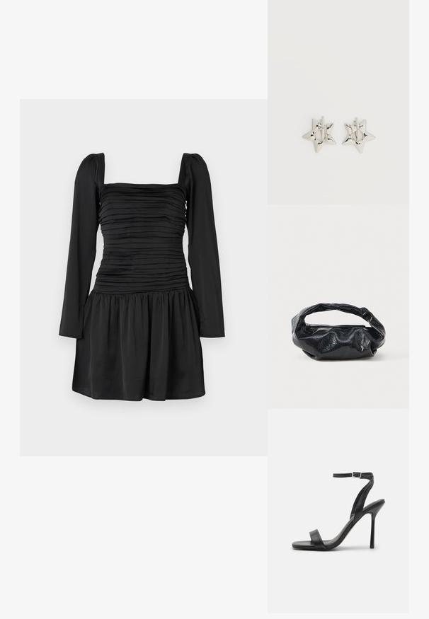 Vestido negro con mangas largas, escote cuadrado y torso fruncido. Diseño de falda acampanada con tela recogida en la cintura. Textura suave.; Sandalia negra de tacón alto con una correa delgada en el tobillo y dos bandas en la parte frontal. Hecha de cuero suave con una punta afilada y tacón de aguja.; Bolso negro hecho de un material brillante y texturizado con un asa circular retorcida y un cierre de cremallera. Presenta un diseño suave y arrugado.; Pendientes de aro plateados en forma de estrella con un acabado liso y pulido sobre un fondo blanco liso.