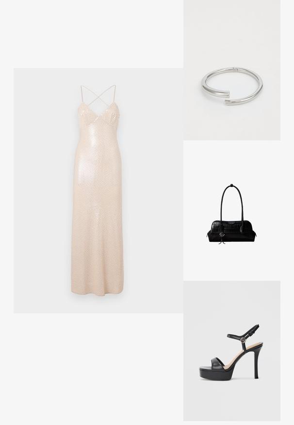 Bodenlanges Kleid mit figurbetonter Silhouette in zartem Beige, mit überkreuzten Trägern auf dem Rücken und funkelndem Paillettenmuster über dem gesamten Stoff.; Schwarze Plateausandalen mit hohem Stiletto-Absatz, ausgestattet mit einem glatten Lederobermaterial, einem Peeptoe-Design und einem verstellbaren Knöchelriemen mit Metallbeschlägen.; Schwarze Umhängetasche aus krokodilstrukturiertem Leder mit langen Riemen und einem kleinen silbernen Logocharm an einem Riemen.; Calvin Klein SPIRAL - Armband - silver-coloured