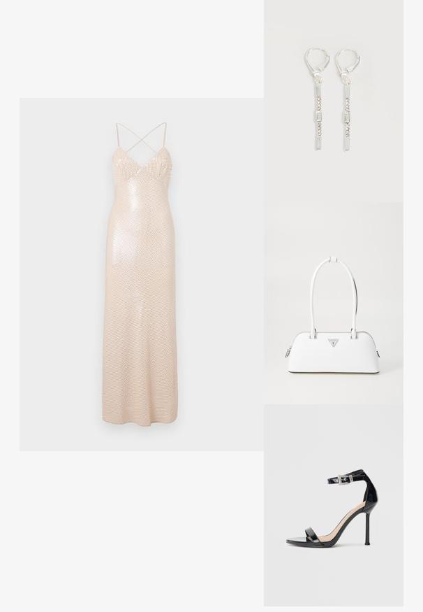 Robe longue avec une silhouette moulante, couleur beige clair, bretelles croisées dans le dos et motif de sequins scintillants sur tout le tissu.; Sandale à talon haut en cuir verni noir avec bride à la cheville. Présente un design minimaliste, un bout ouvert et une boucle ornée de strass.; Sac à main en cuir blanc avec une forme courbée, présentant un logo triangulaire argenté et une fermeture à glissière. Texture lisse et doubles poignées.; Boucles d'oreilles pendantes en argent avec des cristaux clairs rectangulaires et ronds alignés verticalement, sécurisées par des fermoirs à levier.