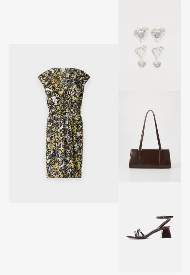 Robe fleurie avec un fond noir, ornée de motifs jaunes et bleu clair, à manches courtes et avec une taille élastique pour la forme.; Sandale en cuir verni marron foncé avec talon bloc, bride à la cheville avec boucle et deux fines lanières sur les orteils sur fond blanc.; Sac à main en cuir verni marron de forme rectangulaire, avec deux longues poignées et des accents courbés subtils à l'avant.; Des boucles d'oreilles en argent en forme de cœur présentent des pierres claires facettées, avec un cadre texturé. L'ensemble comprend des styles à clou et des styles pendants.