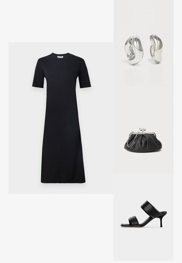 Filippa K Φόρεμα από ζέρσεϊ - black; Μαύρο δερμάτινο σανδάλι mule με δύο φαρδιές λουρίδες και λεπτό μέτριο στιλέτο τακούνι σε απλό ανοιχτό φόντο.; Μαύρο δερμάτινο πορτοφολάκι με μα gathered υφή, μεταλλικό πλαίσιο σε ασημί απόχρωση, κλείσιμο τύπου kiss-lock και αλυσίδα. Λείο, απαλό επιφάνεια.; Ασημένια γλυπτικά σκουλαρίκια με λείες, καμπύλες μορφές και ανακλαστικές επιφάνειες. Διακρίνονται για το κλειστό σχέδιο του κρίκου και την ιδιαίτερη οργανική τους μορφή.