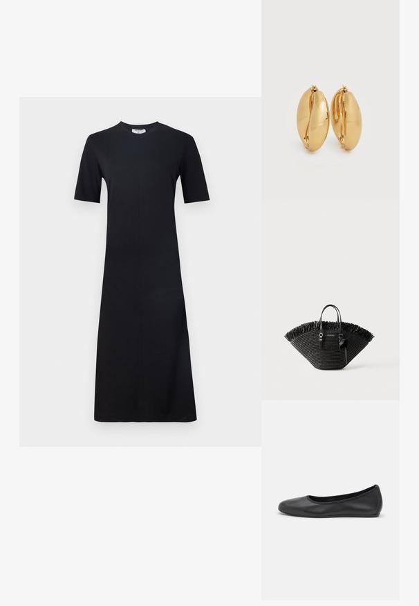 Filippa K Vestido ligero - black; Bailarina de piel negra con punta redondeada, textura suave, detalle de costura minimalista y diseño de suela flexible.; Bolso tote tejido negro con forma amplia de abanico, borde superior con flecos, dos asas y un lazo decorativo en una de las asas.; Par de pendientes de aro gruesos con acabado dorado pulido, con un diseño ligeramente ovalado y robusto, con cierres de bisagra sobre un fondo blanco.