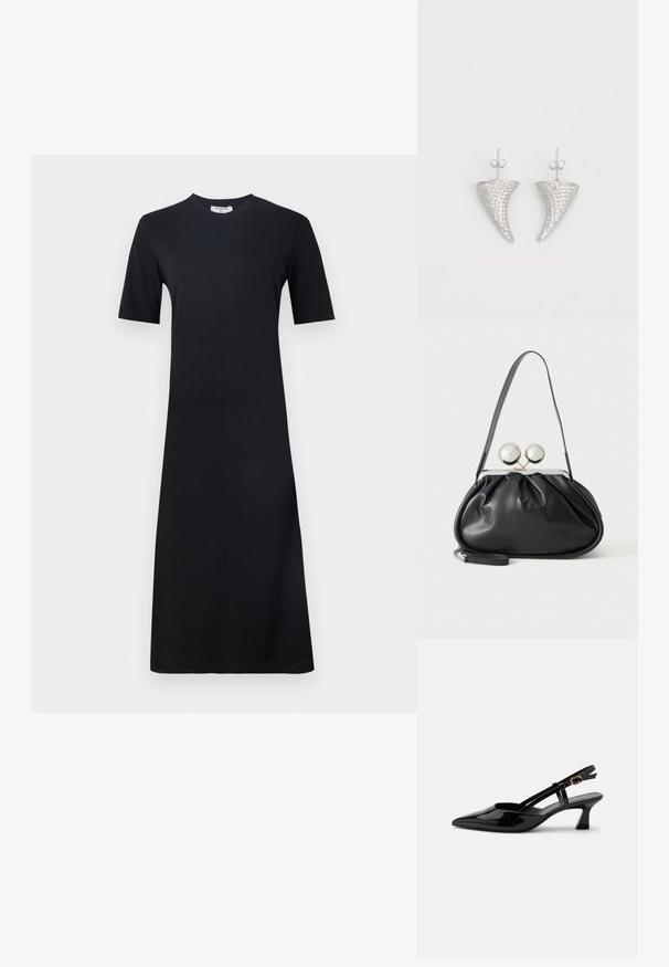 Filippa K Vestido ligero - black; Zapato slingback de charol negro con tacón bajo, punta puntiaguda y correa ajustable con hebilla dorada sobre fondo blanco.; Bolso de mano de cuero negro con diseño fruncido, una sola correa, marco metálico plateado y dos cierres grandes redondos de plata.; Pendientes en forma de cuerno plateado, engastados con pequeñas piedras transparentes, que cuentan con un cierre trasero para su sujeción. Textura suave y acabado metálico.