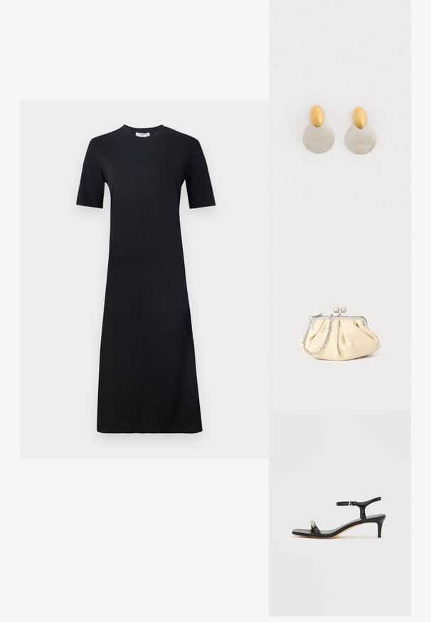 Filippa K Φόρεμα από ζέρσεϊ - black; Μαύρο δερμάτινο σανδάλι με τακούνι, λουράκι στον αστράγαλο, ανοιχτό δάχτυλο, τετράγωνη μύτη και ασημένια διακοσμητικά στοιχεία. Εφαρμοστό σχέδιο με κομψή γραμμή.; Πτυχωτό μπεζ δερμάτινο τσαντάκι με ασημένιο μεταλλικό πλαίσιο, διαθέτοντας δύο στρογγυλούς διακοσμητικούς κλειστές και μια ασημένια αλυσίδα.; Χρυσά και ασημένια σκουλαρίκια από μέταλλο, με στρογγυλή βάση δίσκου και οβάλ κομμάτι στην κορυφή, λεία υφή και γυαλιστερή φινίρισμα.