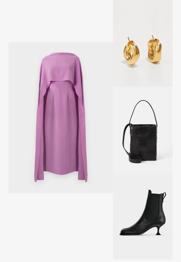 Robe à manches longues en tissu lilas uni, avec un superposition fluide semblable à une cape, présentant un col rond et une silhouette ajustée.; Bottine en cuir noir à bout pointu, panneaux latéraux élastiques, et petit talon fin évasé sur un fond clair uni.; Sac en cuir noir avec un design tissé. Forme rectangulaire, courte anse et sangle ajustable. Texture lisse avec une finition mate.; Boucles d'oreilles créoles en or massif avec un design tubulaire légèrement tordu et des fermoirs à tige sur un fond blanc.