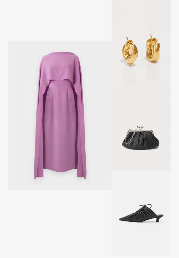Robe à manches longues en tissu lilas uni, avec un superposition fluide semblable à une cape, présentant un col rond et une silhouette ajustée.; Mules noirs en cuir à enfiler avec un bout pointu, une texture froncée et un petit talon aiguille. Présente un détail à cordon au niveau de l'ouverture.; Porte-monnaie en cuir noir avec texture froncée, cadre en métal argenté, fermeture à verrouillage kiss-lock et bandoulière en chaîne. Surface lisse et douce.; Boucles d'oreilles créoles en or massif avec un design tubulaire légèrement tordu et des fermoirs à tige sur un fond blanc.