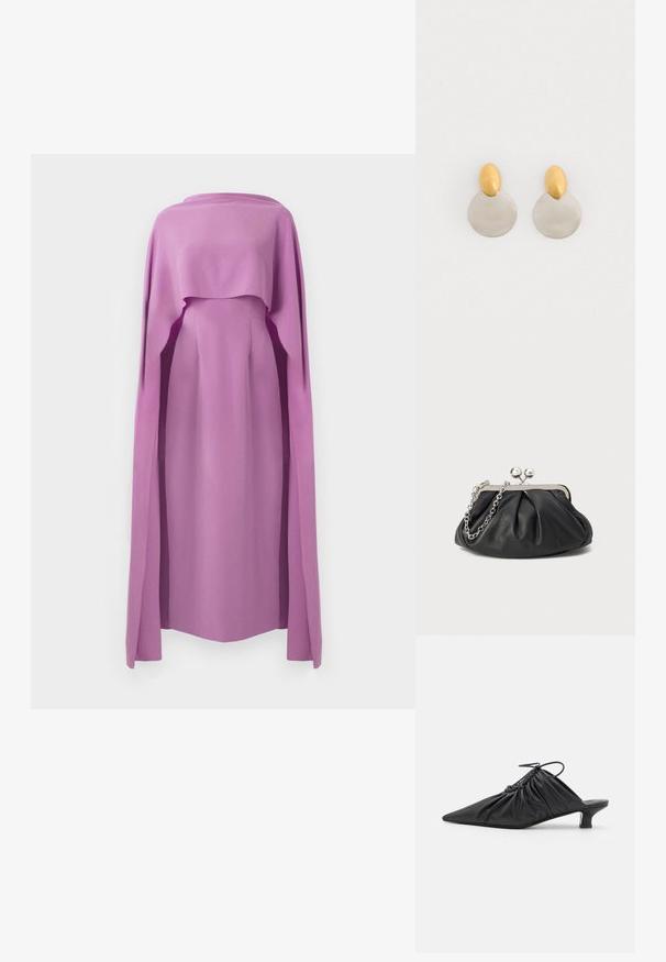 Robe à manches longues en tissu lilas uni, avec un superposition fluide semblable à une cape, présentant un col rond et une silhouette ajustée.; Mules noirs en cuir à enfiler avec un bout pointu, une texture froncée et un petit talon aiguille. Présente un détail à cordon au niveau de l'ouverture.; Porte-monnaie en cuir noir avec texture froncée, cadre en métal argenté, fermeture à verrouillage kiss-lock et bandoulière en chaîne. Surface lisse et douce.; Boucles d'oreilles en métal doré et argenté avec une base en disque rond et une pièce supérieure ovale, texture lisse et finition polie.