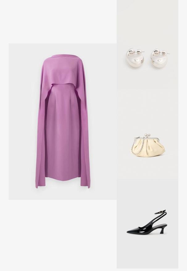 Vestido de manga larga en tela sólida color lila con una sobrecapa fluida similar a una capa, que presenta un escote redondo y una silueta ajustada.; Zapatos de tacón de charol negro con punta afilada, tacón bajo tipo bloque y correa ajustable en el tobillo con un hebilla dorada.; Clutch de cuero beige plisado con un marco de metal plateado, que cuenta con dos broches decorativos redondos y una correa de cadena plateada.; Par de pendientes llamativos de aro grueso plateado brillante con cierre de poste sobre un fondo blanco liso.