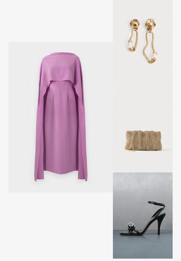 Robe à manches longues en tissu lilas uni, avec un superposition fluide semblable à une cape, présentant un col rond et une silhouette ajustée.; Sandale noire à talon haut avec bride à la cheville et boule décorative argentée métallique sur surface carrelée en bois à l'extérieur, avec un arrière-plan flou de verdure et de mur.; Petit sac pochette en maille dorée avec un design froncé et une bandoulière chaîne dorée partiellement visible sur un fond blanc uni.; Boucles d'oreilles en ton doré avec des formes ouvertes irrégulières, chacune ornée d'une perle en bas et de détails en pierres précieuses sur les clous ronds.