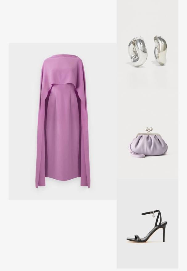 Robe à manches longues en tissu lilas uni, avec un superposition fluide semblable à une cape, présentant un col rond et une silhouette ajustée.; Sandale à talon haut noire avec une bride étroite à la cheville, bout carré, cuir lisse et accent de boucle métallique.; Pochette lavande douce avec tissu froncé, fermoir kiss-lock argenté et bracelet assorti sur un fond clair uni.; Boucles d'oreilles sculpturales en argent avec des formes douces et courbes et des surfaces réfléchissantes. Présentent un design de boucle fermée et une forme organique distincte.