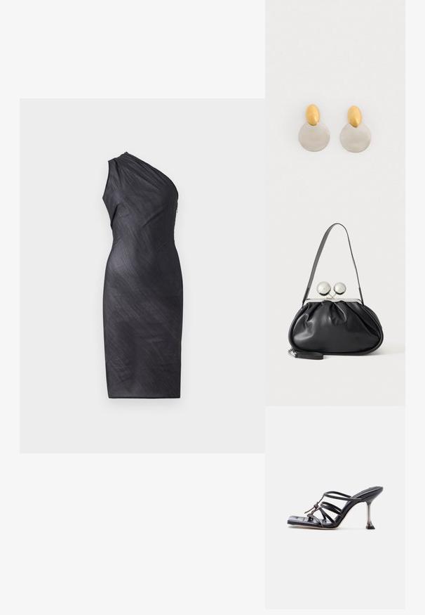 Asymmetrical black dress with one shoulder, draped texture, knee-length, fitted silhouette, and back zip closure.; Black strappy high-heeled sandal with square toe and thin stiletto heel, featuring overlapping straps and a knotted detail on the upper.; Black leather handbag with a gathered design, single strap, silver metal frame, and two large round silver clasp closures.; Gold and silver metal earrings featuring a round disc base and an oval top piece, smooth texture, and polished finish.