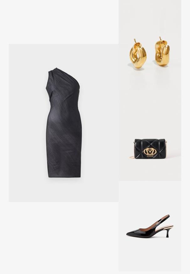 Vestido negro asimétrico con un hombro, textura drapeada, a la altura de la rodilla, silueta ajustada y cierre de cremallera en la espalda.; Zapato de salón slingback de charol negro con punta afilada y tacón bajo tipo kitten sobre un fondo blanco liso.; Bolso de mano negro acolchado de cuero con correa de cadena dorada y logotipo dorado de Love Moschino en el centro delantero.; Pendientes de aro grueso en oro con un diseño tubular ligeramente retorcido y cierre de presión, sobre un fondo blanco.
