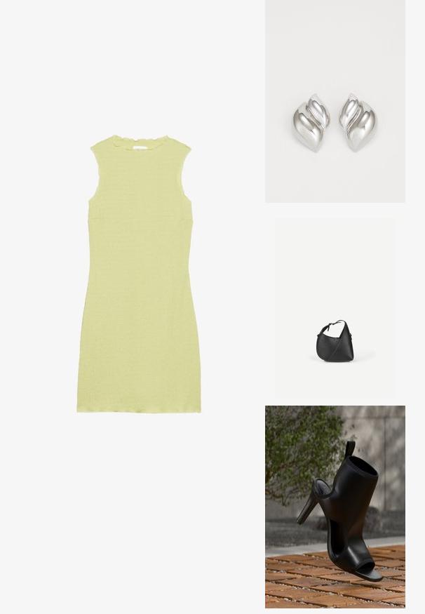 Vestido sin mangas de un verde claro con una tela texturizada, cuello con forma de ondas y un corte ajustado. Sin mangas ni embellishments adicionales.; Zapato mule negro de tacón alto con punta abierta y laterales recortados, mostrado al aire libre sobre listones de madera con follaje verde desenfocado al fondo.; Bolso de hombro de cuero negro con forma triangular redondeada y correa ajustable sobre un fondo liso y claro.; Pendientes de plata con una forma orgánica y abstracta. Superficie lisa y brillante con un diseño cónico. Presentan suaves curvas y un detalle de línea central.