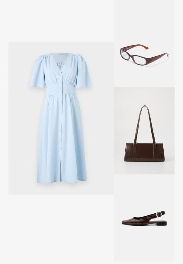 Helles blaues Kleid aus Baumwolle, mit V-Ausschnitt, kurzen Puffärmeln und einer Knopfleiste vorne. Es hat einen gerafften Taillenbund und einen ausgestellten Rock.; Dunkelbrauner Lederslingback-Flachschuh mit quadratischer Spitze, Krokodillederstruktur und silberner Schnalle am Riemen.; Braun getönte rechteckige Brille mit glänzender Oberfläche, schlanken Bügeln und transparenten Gläsern. Logo auf dem linken Bügel sichtbar.; Braune Lackleder-Handtasche in rechteckiger Form, mit zwei langen Griffen und subtilen, geschwungenen Akzenten auf der Vorderseite.