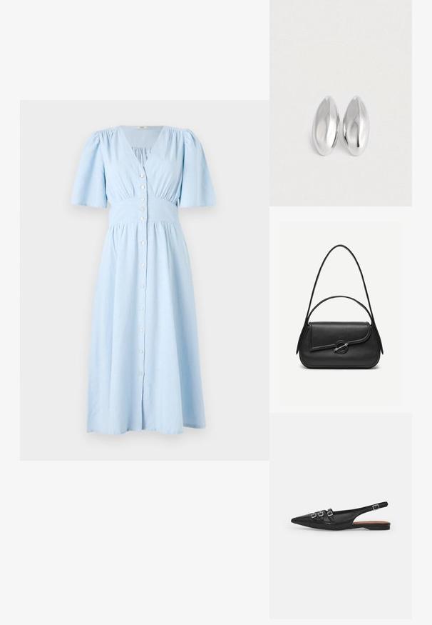 Vestido azul claro de algodón, con escote en V, mangas cortas con volantes y un cierre de botones en la parte delantera, cintura fruncida y falda acampanada.; Zapato plano slingback de cuero negro con puntera puntiaguda, que presenta dos correas horizontales y hebillas plateadas cuadradas, tacón bajo y textura suave.; Bolso de cuero negro con bordes redondeados, solapa asimétrica, cierre circular de metal y correas de hombro cortas y largas.; Par de objetos ovalados de plata, lisos y brillantes, colocados uno al lado del otro sobre un fondo blanco puro.