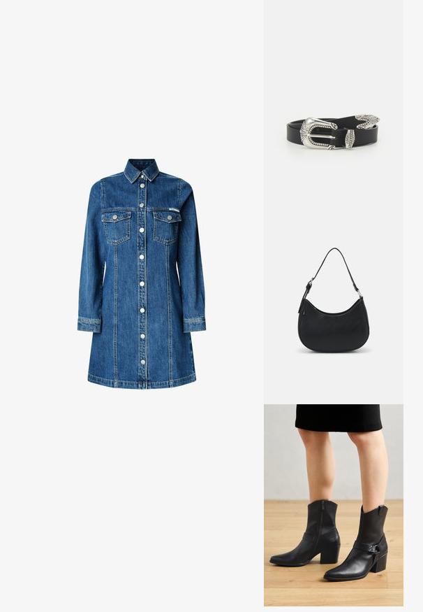 Denimhemdkleid, lange Ärmel, durchgehende Knopfleiste, zwei Brusttaschen, klassischer Kragen, mittelblaue Farbe und leichte Steppdetails.; Schwarze Leder-Stiefeletten mit spitzem Zehenbereich, Reißverschluss, geschwungenem Absatz und einem dekorativen Riemen mit metallischen Akzenten.; Schwarze Hobo-Tasche aus glattem Leder mit einer geschwungenen Silhouette, ausgestattet mit einem einzelnen verstellbaren Trageriemen und minimalistischem Design.; Schwarzer Ledergürtel mit einer großen silbernen Metallschnalle, die über feine Verzierungen und dekorative Akzente an beiden Enden verfügt.