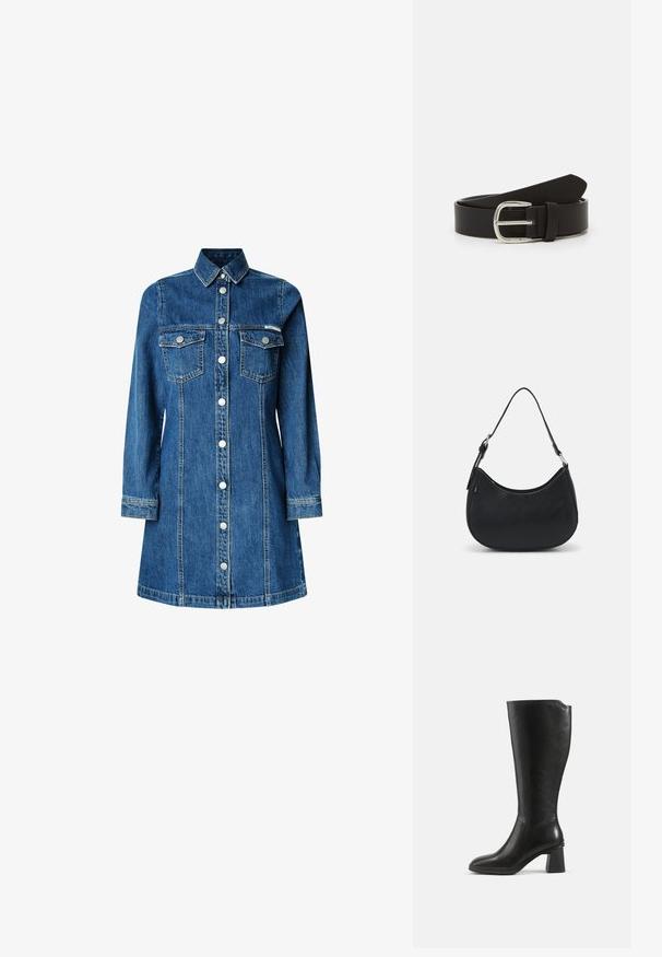 Denimhemdkleid, lange Ärmel, durchgehende Knopfleiste, zwei Brusttaschen, klassischer Kragen, mittelblaue Farbe und leichte Steppdetails.; Schwarzer kniehoher Lederstiefel mit Blockabsatz und abgerundetem Zeh, seitlich auf einem schlichten Hintergrund gezeigt.; Schwarze Hobo-Tasche aus glattem Leder mit einer geschwungenen Silhouette, ausgestattet mit einem einzelnen verstellbaren Trageriemen und minimalistischem Design.; Schwarzer Leder Gürtel mit glatter Textur, ausgestattet mit einer silbernen Metall-Schließe und einer zulaufenden Spitze. Einfaches, klassisches Design.
