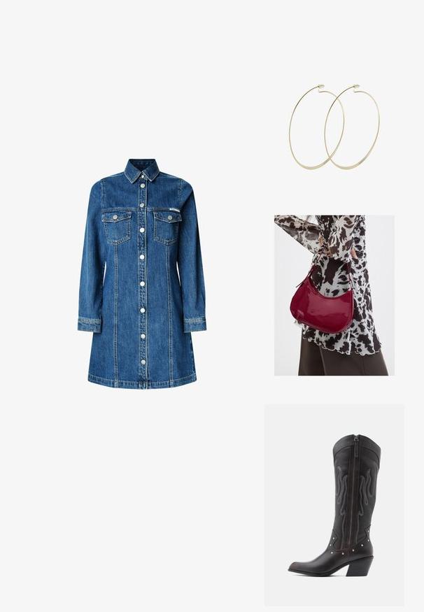 Denimhemdkleid, lange Ärmel, durchgehende Knopfleiste, zwei Brusttaschen, klassischer Kragen, mittelblaue Farbe und leichte Steppdetails.; Braune Cowboy-Stiefel aus Leder mit Flammenstickerei, seitlichem Reißverschluss, silbernen Nieten, spitzer Zehenpartie und geschichtetem Absatz.; Frau trägt eine schwarz-weiß gemusterte Bluse und hält eine glänzende rote Schultertasche vor einem einfarbigen Hintergrund.; Pilgrim Ohrringe - gold-coloured