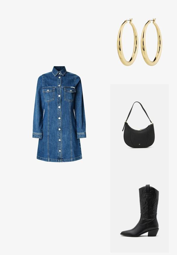 Denimhemdkleid, lange Ärmel, durchgehende Knopfleiste, zwei Brusttaschen, klassischer Kragen, mittelblaue Farbe und leichte Steppdetails.; Schwarze Leder-Cowboy-Stiefel mit spitzem Zeh, geprägten, wirbelnden Mustern und einem mittelhohen Absatz. Mit einem Zuglasche für einfaches An- und Ausziehen.; Schwarze Lederhandtasche mit geschwungenem Design, strukturiertem Material, vorderen Nähten und einem Logo in Goldtönen. Verfügt über einen einzelnen verstellbaren Tragegurt.; Goldene Creolen mit einer glatten, polierten Oberfläche. Kreisform, mit einem sicheren Verschluss an der Oberseite. Die Oberfläche reflektiert das Licht.