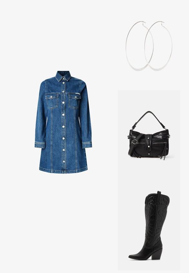 Denimhemdkleid, lange Ärmel, durchgehende Knopfleiste, zwei Brusttaschen, klassischer Kragen, mittelblaue Farbe und leichte Steppdetails.; Schwarze kniehohe Stiefel aus Leder mit spitz zulaufender Zehenpartie und gestapeltem Absatz. Verfügt über dekorative Nähte und geschwungene Designelemente.; Even&Odd by Zalando H24462 - Handtasche - black; Silberne Creolen mit einem dünnen, glatten Design; länglich-ovale Form; polierte Oberfläche; ausgestattet mit einem sicheren Hakenverschluss.