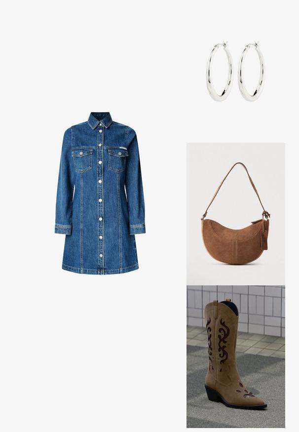 Jeanshemdjurk, lange mouwen, knoopsluiting aan de voorkant, twee borstzakken, klassieke kraag, medium blauwe kleur en lichte stikseldetails.; Beige suède cowboylaars met donkerbruine decoratieve uitsneden en stiksels, staand op het trottoir voor een betegelde muur.; Bruine suède handtas met een gebogen, halve maanvorm. Voorzien van een schouderriem, een klein label en zichtbare stiksels langs de randen.; Zilveren oorbellen in de vorm van een gladde, glanzende ring. Circulaire vorm, voorzien van een veilige sluiting. Eenvoudig en elegant ontwerp.