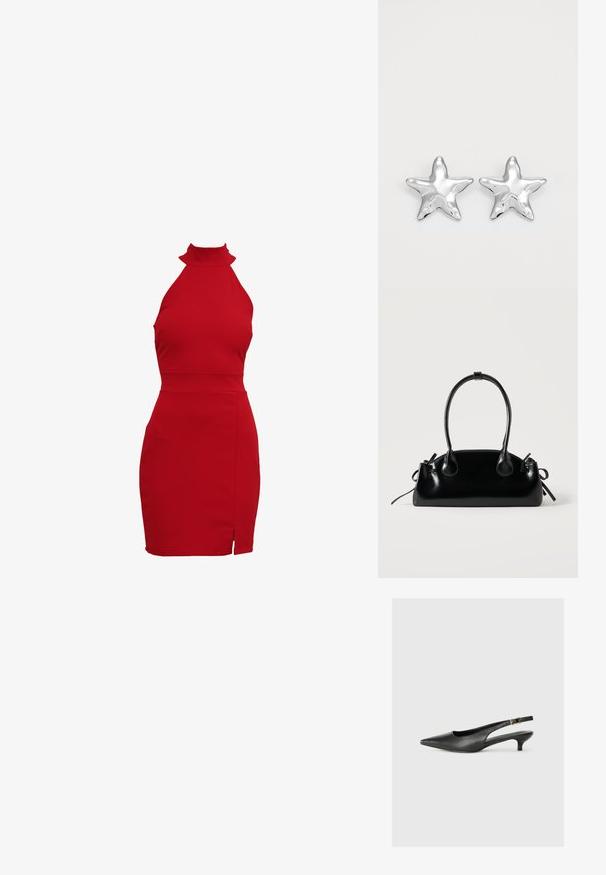 Vestido rojo de cuello halter con una silueta ajustada, que cuenta con un cuello alto y una abertura lateral. Fabricado en un tejido elástico para un ajuste ceñido.; Zapato de tacón slingback negro de punta afilada, hecho de cuero suave. Presenta un tacón delgado y un detalle de hebilla en la correa ajustable.; Pequeño bolso negro brillante con dos asas largas y detalles de cordón lateral sobre un fondo claro liso.; Pendientes en forma de estrella plateada con una superficie pulida y brillante. Cada pendiente presenta cinco puntas y sutiles detalles de textura en la superficie.