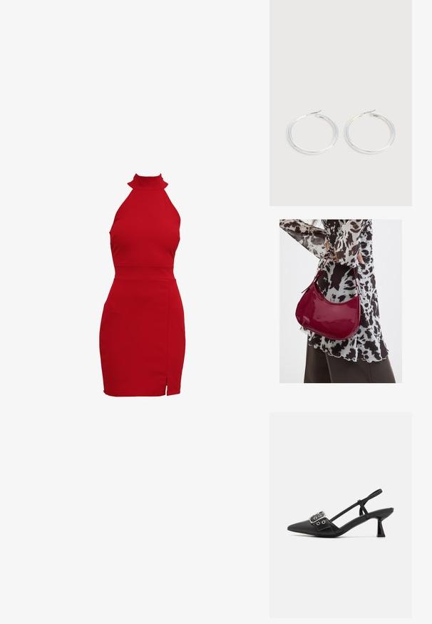 Červené šaty s halter výstrihom a priliehavým strihom, s vysokým golierom a postranným rozparkom. Vyrobené z elastického materiálu pre tesné priliehanie.; Simmi London DALA - Klasické lodičky na opätku - black; Žena v čierno-bielom vzorovanom blúzke drží lesklú červenú kabelku cez rameno na jednofarebnom pozadí.; Pár lesklých strieborných kruhových náušníc s tenkými drôtenými zapínaniami, zobrazených na svetlo šedom pozadí.