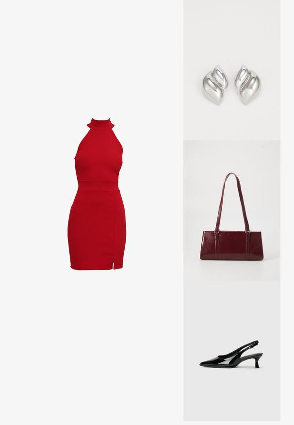 Vestido rojo de cuello halter con una silueta ajustada, que cuenta con un cuello alto y una abertura lateral. Fabricado en un tejido elástico para un ajuste ceñido.; Zapatos de charol negro tipo slingback con punta afilada y tacón bajo. Correa ajustable con hebilla en el tobillo.; Bolso burdeos hecho de material brillante, de forma rectangular, con dos asas para el hombro y sutiles acentos curvados en la parte frontal.; Pendientes de plata con una forma orgánica y abstracta. Superficie lisa y brillante con un diseño cónico. Presentan suaves curvas y un detalle de línea central.