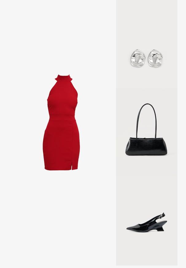 Červené šaty s halter výstrihom a priliehavým strihom, s vysokým golierom a postranným rozparkom. Vyrobené z elastického materiálu pre tesné priliehanie.; Čierna lakovaná slingback topánka so špicatou špičkou a nízkym šikmým blokovým opätkom na jednoduchom svetlom pozadí.; Čierna obdĺžniková kabelka cez rameno s dlhými tenkými popruhmi a hladkou, lesklou textúrou na jednofarebnom pozadí.; Strieborné náušnice v abstraktnom tvare s lešteným povrchom, s hladkými krivkami a jemnými kontúrami. Žiadne viditeľné vzory ani akcenty.