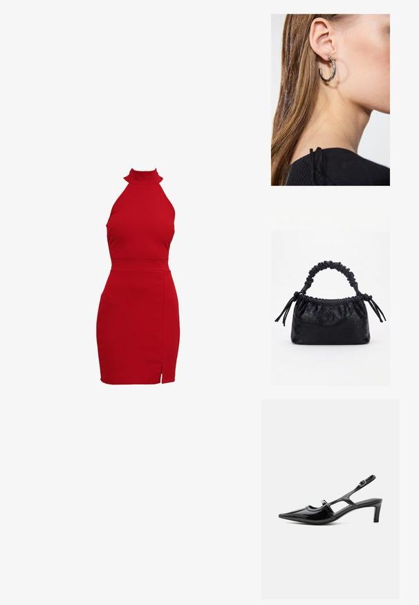 Vestido rojo de cuello halter con una silueta ajustada, que cuenta con un cuello alto y una abertura lateral. Fabricado en un tejido elástico para un ajuste ceñido.; Zapato slingback de charol negro con punta puntiaguda, tacón bajo y dos correas ajustables con hebillas, mostrado de perfil lateral.; Bolso negro con textura de cocodrilo, borde superior fruncido, asa recogida y cordones con borlas en cada lado sobre un fondo blanco.; Pendiente de aro de plata con un acabado pulido, que presenta pequeños detalles en dorado y una forma redonda, llevado en el lóbulo.