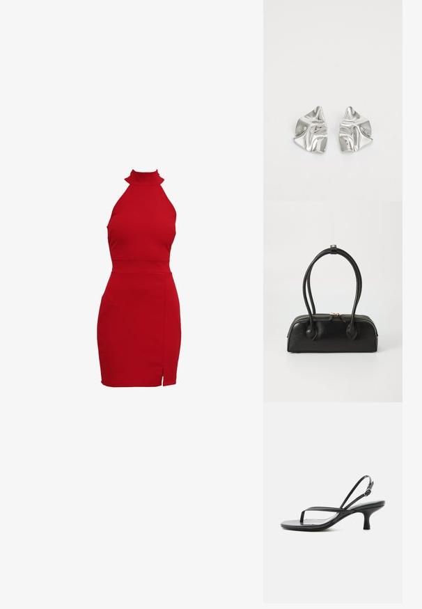 Rode halternekjurk met een aansluitende silhouet, voorzien van een hoge kraag en een zijsplit. Gemaakt van rekbaar materiaal voor een strakke pasvorm.; Zwarte sandalen met smalle bandjes, lage kittenheel, dunne teenlus en verstelbare enkelband met zilveren gesp, op witte achtergrond.; Zwarte leren handtas met twee verlengde handvatten, ritsluiting en ronde vorm; gladde textuur met subtiele glanzende afwerking.; Zilveren metalen oorbellen met een golvend, sculpturaal ontwerp, voorzien van een gepolijste afwerking en onregelmatige vormen, die een hedendaagse esthetiek benadrukken.