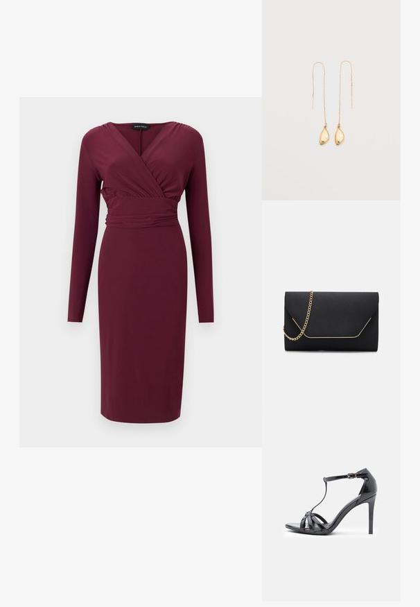 Robe bordeaux à manches longues, longueur genou, avec encolure en V style portefeuille et taille ajustée, par Anna Field.; Sandale à talons hauts en cuir verni noir avec des fines lanières, design en T, fermeture à boucle et silhouette élégante et courbée.; Pochette noire au toucher lisse, dotée d'une chaîne en or et d'une fermeture à rabat géométrique rehaussée de doré.; Boucles d'oreilles fines en fil d'or avec de fines chaînes et de petits pendentifs en or lisses, de forme irrégulière, suspendus aux extrémités.