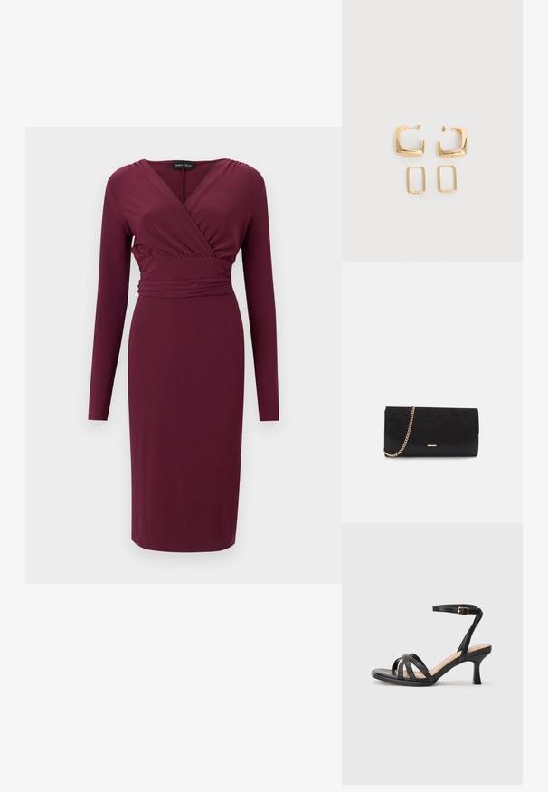 Robe bordeaux à manches longues, longueur genou, avec encolure en V style portefeuille et taille ajustée, par Anna Field.; Sandales à talons noirs avec plusieurs fines lanières sur le bout, une seule lanière à la cheville avec une boucle dorée, et un bout carré.; Porte-monnaie noir en daim avec une finition texturée, doté d'une chaîne dorée et d'un design épuré et angulaire.; Deux paires de Boucles d'oreilles créoles géométriques dorées sur une surface blanche unie, une paire carrée et pleine, une paire rectangulaire et creuse.