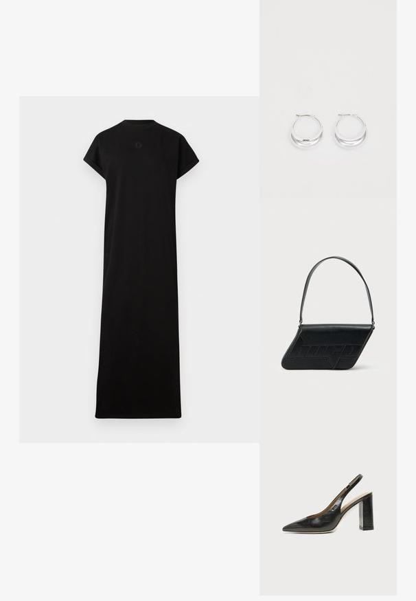 Zwarte jurk van zacht materiaal, met korte mouwen, een ronde halslijn en een recht maxi-silhouet. Subtiel logo-detail bij de hals.; Zwarte leren slingback schoen met spits toelopend neusje, hoge blokhak en beige binnenvoering tegen een effen lichte achtergrond.; Zwarte leren schoudertas met een driehoekige vorm, geperst logo en een enkele verstelbare riem. Minimalistisch ontwerp met een gladde textuur.; Zilveren creolen met een gepolijste afwerking en DKNY-branding, weergegeven tegen een effen witte achtergrond.