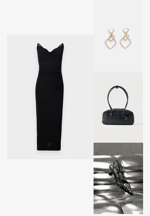 Schwarzes, tailliertes Kleid mit V-Ausschnitt und dünnen Trägern. Hergestellt aus glattem Stoff, verfügt es über seitliche Raffung und einen knielangen Saum.; Schwarzer Slingback-Schuh mit spitz zulaufender Spitze, ausgestattet mit silbernen Ösen und einer Schnallenverzierung. Hergestellt aus strukturiertem Material mit kleinem Blockabsatz.; Schwarze, strukturierte Lederhandtasche mit langen Griffen, silbernem Reißverschluss und einem markanten Anhänger.; Goldohrringe mit einem geschichteten Design und gewelltem Rand sowie kleinen Steinen. Mit einem Hakenverschluss für sicheren Halt befestigt.