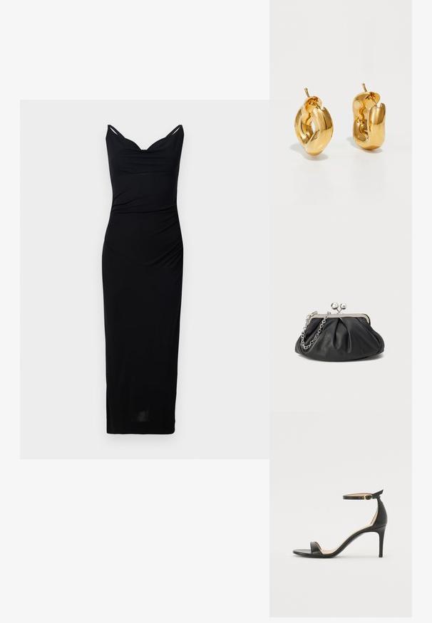 Schwarzes, tailliertes Kleid mit V-Ausschnitt und dünnen Trägern. Hergestellt aus glattem Stoff, verfügt es über seitliche Raffung und einen knielangen Saum.; Schwarze Leder-high-heeled Sandale mit Knöchelriemen. Verfügt über eine glatte Textur, offene Zehen und einen dünnen Absatz. Goldfarbener Schnallenakzent.; Schwarze Leder-Clutch mit geraffter Textur, silberfarbener Metallrahmen, Druckverschluss und Kettenriemen. Glatte, weiche Oberfläche.; Fette goldene Creolen mit einem leicht verdrehten, röhrenförmigen Design und Steckverschlüssen auf einem weißen Hintergrund.
