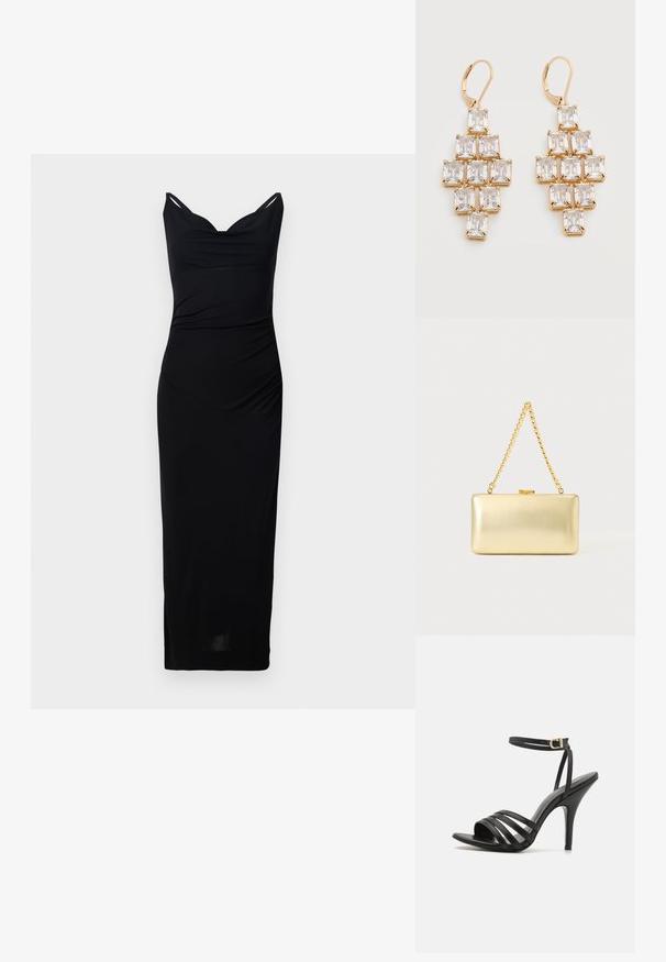 Schwarzes, tailliertes Kleid mit V-Ausschnitt und dünnen Trägern. Hergestellt aus glattem Stoff, verfügt es über seitliche Raffung und einen knielangen Saum.; Schwarze, sandalenähnliche Hochzeitschuhe mit schmalem Knöchellenker, offener Zehenpartie und glatter Oberfläche. Verfügt über einen schlanken Absatz und ein strukturiertes Riemendesign.; Rechteckige goldene Clutch mit glänzender Oberfläche, Metallverschluss und kurzem goldenen Kettenhenkel vor hellem, einfarbigem Hintergrund.; Ohrhänger in Goldoptik mit rechteckigen klaren Kristallen, die in einem geometrischen, gestuften Muster angeordnet sind, und mit Bügelverschluss.