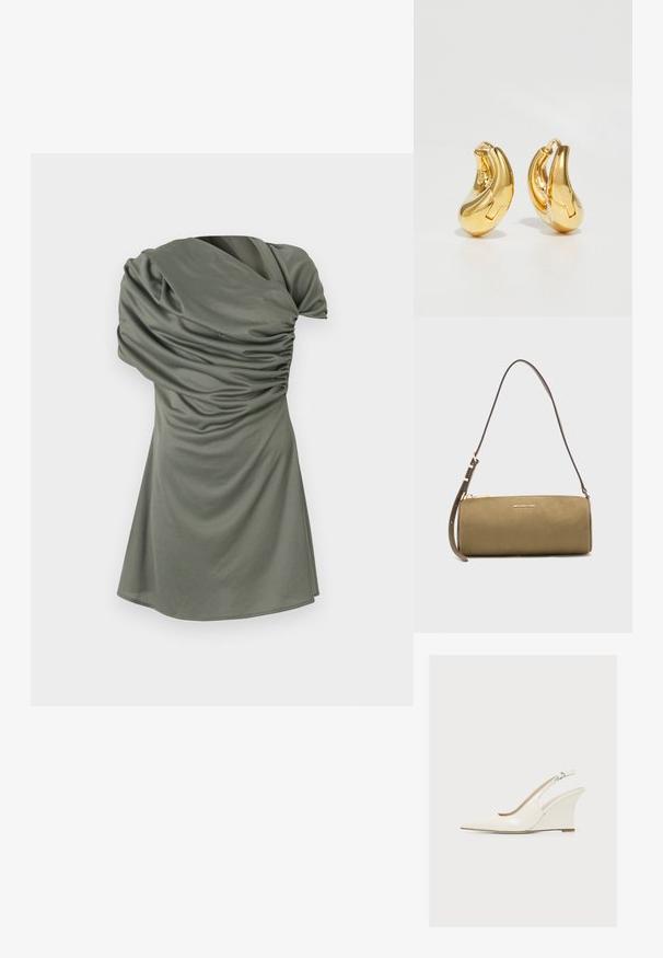 Vestido de manga corta en verde olivo, con textura fruncida, escote asimétrico y una silueta ajustada que fluye hacia un dobladillo acampanado.; Zapato cuña de punta puntiaguda color crema con tira trasera ajustable con hebilla y acabado liso sobre fondo llano.; Bolso de mano cilíndrico de cuero verde oliva con una correa delgada y ajustable y el logo dorado de Michael Kors en el frente.; Pendientes de aro de oro con forma curva y suave, y acabado pulido. Presentan un mecanismo de cierre y ligeras indentaciones para un toque de detalle.