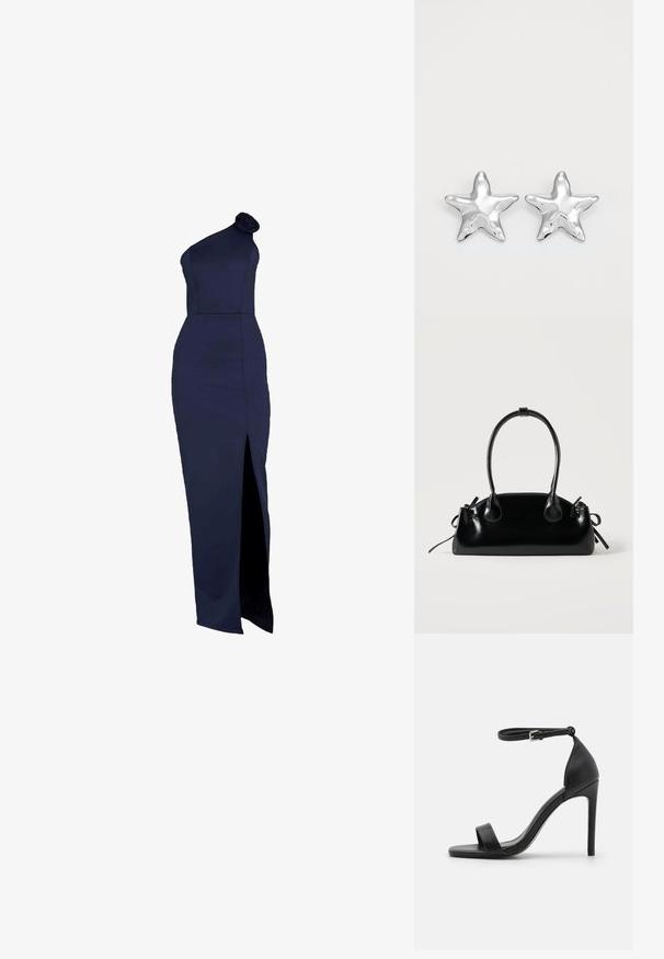 Mørkeblå, one-shoulder kjole med en rose detalje, tætsiddende silhuet, lang længde og en høj slids langs venstre side.; Sort højhælet sandal med et sleek design, der har en ankelrem, åben tå og glat lædertekstur.; Lille sort blank håndtaske med to lange håndtag og snøre-detaljer i siden på en ensfarvet lys baggrund.; Sølvstjernede øreringe med en poleret, blank overflade. Hver ørering har fem spidser og subtile teksturdetaljer på overfladen.
