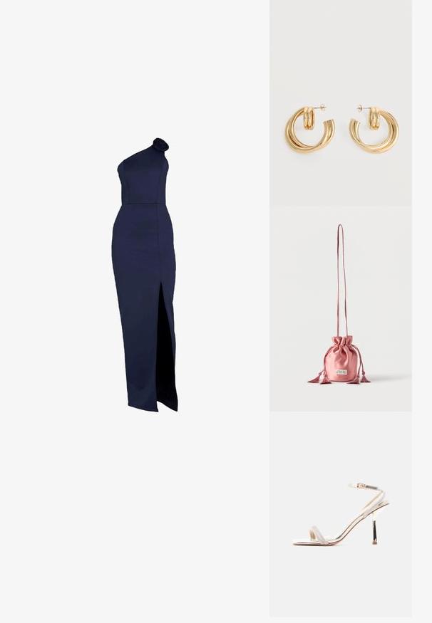 Mørkeblå, one-shoulder kjole med en rose detalje, tætsiddende silhuet, lang længde og en høj slids langs venstre side.; Sandal med høje hæle, tynd rem over tæerne og ankelrem med spænde, med en metalisk finish og en slank stiletthæl.; Lyserød satinpose med snor, lang rem og kvastdetaljer, stående oprejst på en ensfarvet hvid baggrund.; Par af skinnende gyldne dobbelt loop øreringe med stift-lukning på hvid baggrund.