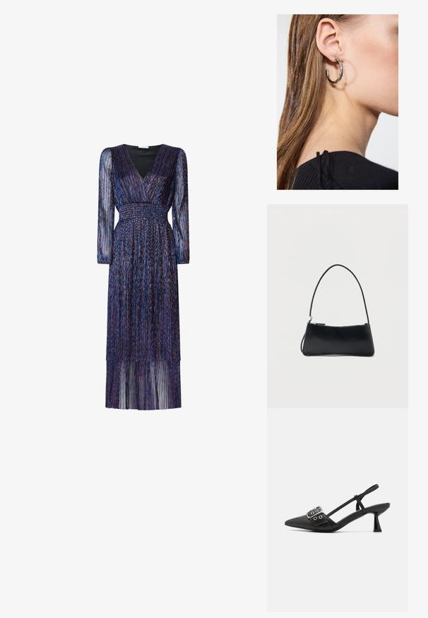 Langes, lila Kleid mit langen, durchsichtigen Ärmeln und einem V-Ausschnitt. Verfügt über eine smocked Taille und gestufte Fransen-Details. Der Stoff hat eine schimmernde Textur.; Simmi London DALA - Pumps - black; Schwarze rechteckige Handtasche mit dünnem Riemen und Reißverschluss, vor einem schlichten weißen Hintergrund.; Silberne Creolen mit polierter Oberfläche, die kleine goldene Akzentdetails und eine runde Form aufweisen, am Ohrläppchen getragen.