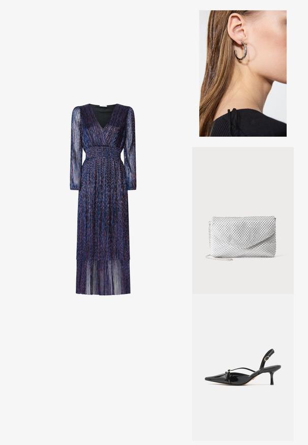 Langes, lila Kleid mit langen, durchsichtigen Ärmeln und einem V-Ausschnitt. Verfügt über eine smocked Taille und gestufte Fransen-Details. Der Stoff hat eine schimmernde Textur.; ALDO MARIETTA PILLOW WALK - Pumps - black; Silberne Mesh-Abendclutch mit Umschlagklappe und dünnem Kettenriemen auf einfarbigem weißem Hintergrund.; Silberne Creolen mit polierter Oberfläche, die kleine goldene Akzentdetails und eine runde Form aufweisen, am Ohrläppchen getragen.