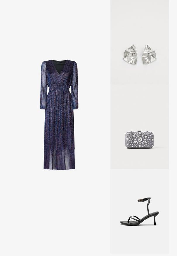 Langes, lila Kleid mit langen, durchsichtigen Ärmeln und einem V-Ausschnitt. Verfügt über eine smocked Taille und gestufte Fransen-Details. Der Stoff hat eine schimmernde Textur.; Schwarze High-Heels-Sandalen mit einem schmalen Riemendesign, glatter Textur, Knöchelverschluss und einer spitzen Fußspitze. Verstellbares Knöchelriemchen.; Kleine rechteckige dunkelgraue Clutch, verziert mit klaren Strasssteinen in einem strahlenförmigen Muster und einem silbernen Kettenriemen.; Silberne Metallohrringe mit einem wellenförmigen, skulpturalen Design, das eine polierte Oberfläche und unregelmäßige Formen aufweist, die eine zeitgenössische Ästhetik betonen.