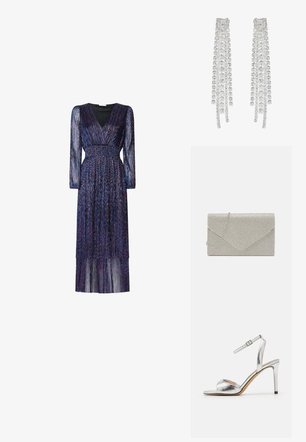 Langes, lila Kleid mit langen, durchsichtigen Ärmeln und einem V-Ausschnitt. Verfügt über eine smocked Taille und gestufte Fransen-Details. Der Stoff hat eine schimmernde Textur.; Silberne High-Heels-Sandale mit offener Zehe, metallic glänzender Optik und verstellbarem Knöchelriemen. Sie verfügt über einen spitzen Stiletto-Absatz und eine glatte Innensohle.; Metallisch silberne Clutch mit einem Umschlagdesign, verziert mit einem strukturierten Muster und ausgestattet mit einem abnehmbaren Kettenriemen.; Lange silberne Ohrringe mit einer Vielzahl von klaren, facettierten Kristallen in kaskadierenden Strängen unterschiedlicher Längen und Formen.