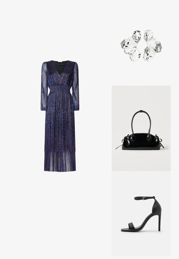 Lang, lilla kjole med lange, gennemsigtige ærmer og V-hals. Har en smocket talje og tierede frynse-detaljer. Stoffet har en lysende tekstur.; Sort højhælet sandal med et sleek design, der har en ankelrem, åben tå og glat lædertekstur.; Lille sort blank håndtaske med to lange håndtag og snøre-detaljer i siden på en ensfarvet lys baggrund.; Klynge af seks uregelmæssigt formede, gennemsigtige og reflekterende glaslignende stykker arrangeret på en hvid baggrund.